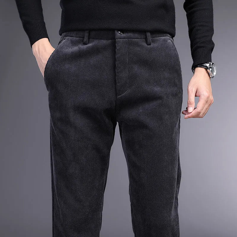Men's straight-leg striped trousers in khaki colour shown laid flat, featuring a zip fly and no belt loops.
