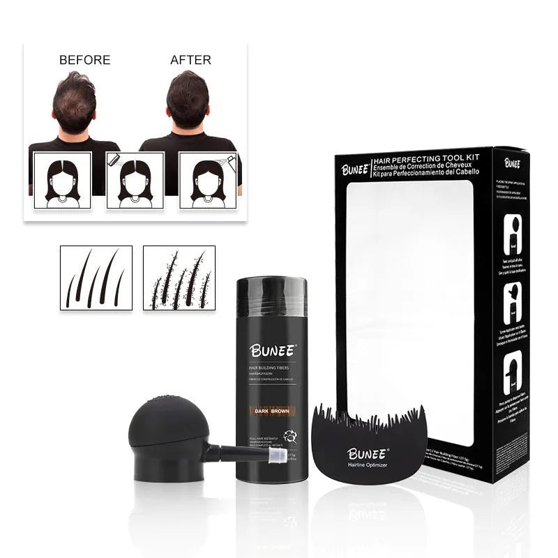 Boxed dense hair fibre powder three-piece set with applicator and lock-in spray for thinning hair coverage.