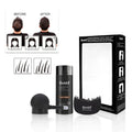 Boxed dense hair fibre powder three-piece set with applicator and lock-in spray for thinning hair coverage.