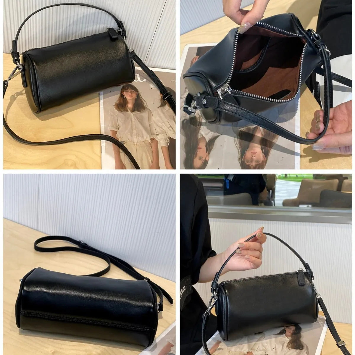 A soft genuine leather cylindrical crossbody bag for mobile phones in street style.