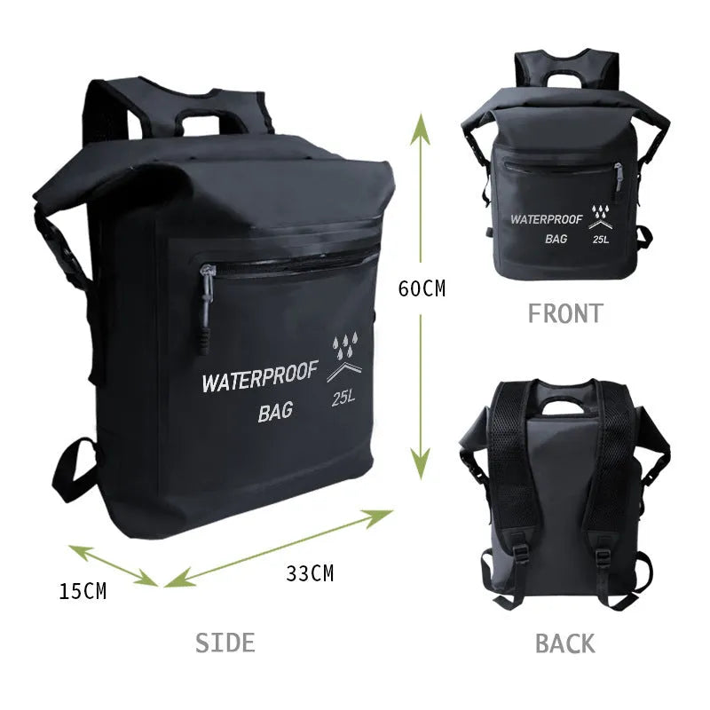 Black 25 litre waterproof backpack with mesh external clips for outdoor water activities