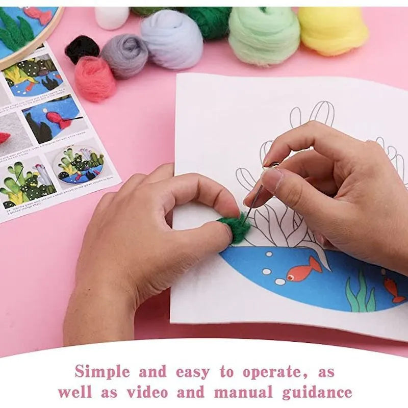 Round linen embroidery kit with wool felt pieces for 3D flowers and leaves, includes a free frame.