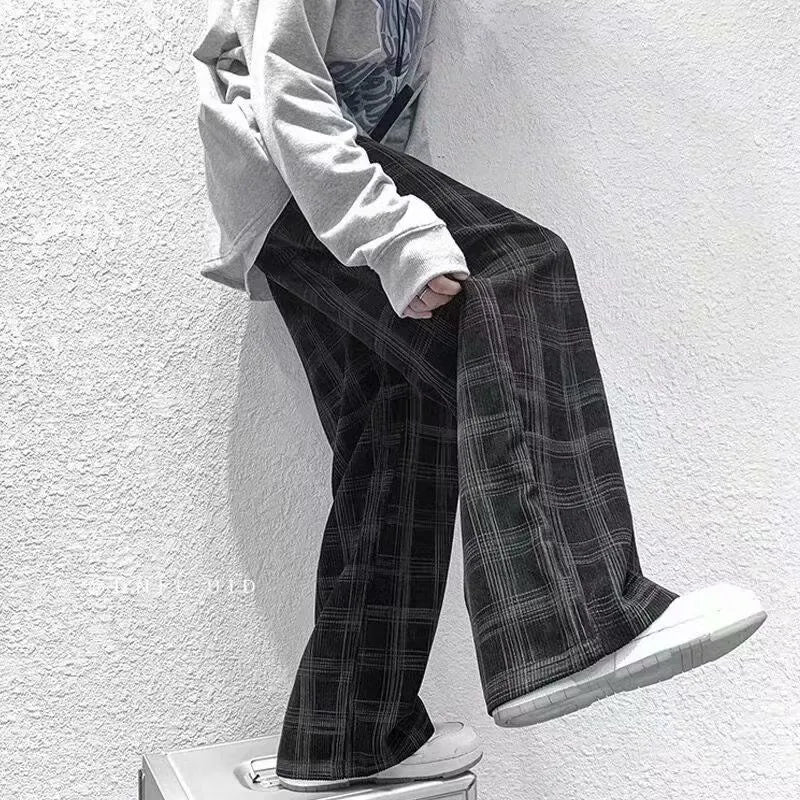 Japanese retro loose plaid trousers in black and green colours with straight-leg design