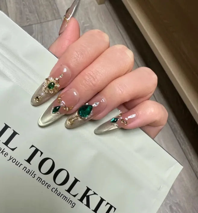 Women's emerald jade manicure ornament material package with diamond jewellery set for nail art decoration