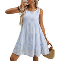 Women's light blue sleeveless plaid dress with a high waist and loose swing skirt on a hanger.