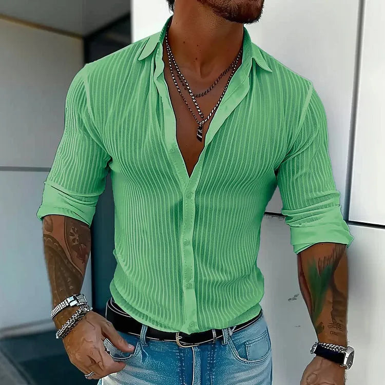 Men's striped cardigan shirt with long sleeves in loose fit British style for summer wear