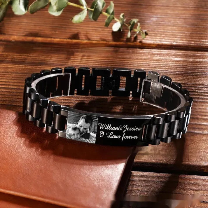 Titanium steel men's bracelet with curved heart-shaped lettering piece in gift box