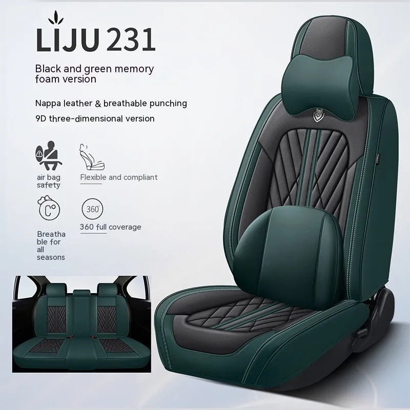 Five-piece leather car seat cushion set in various colour options with hemmed edge detailing