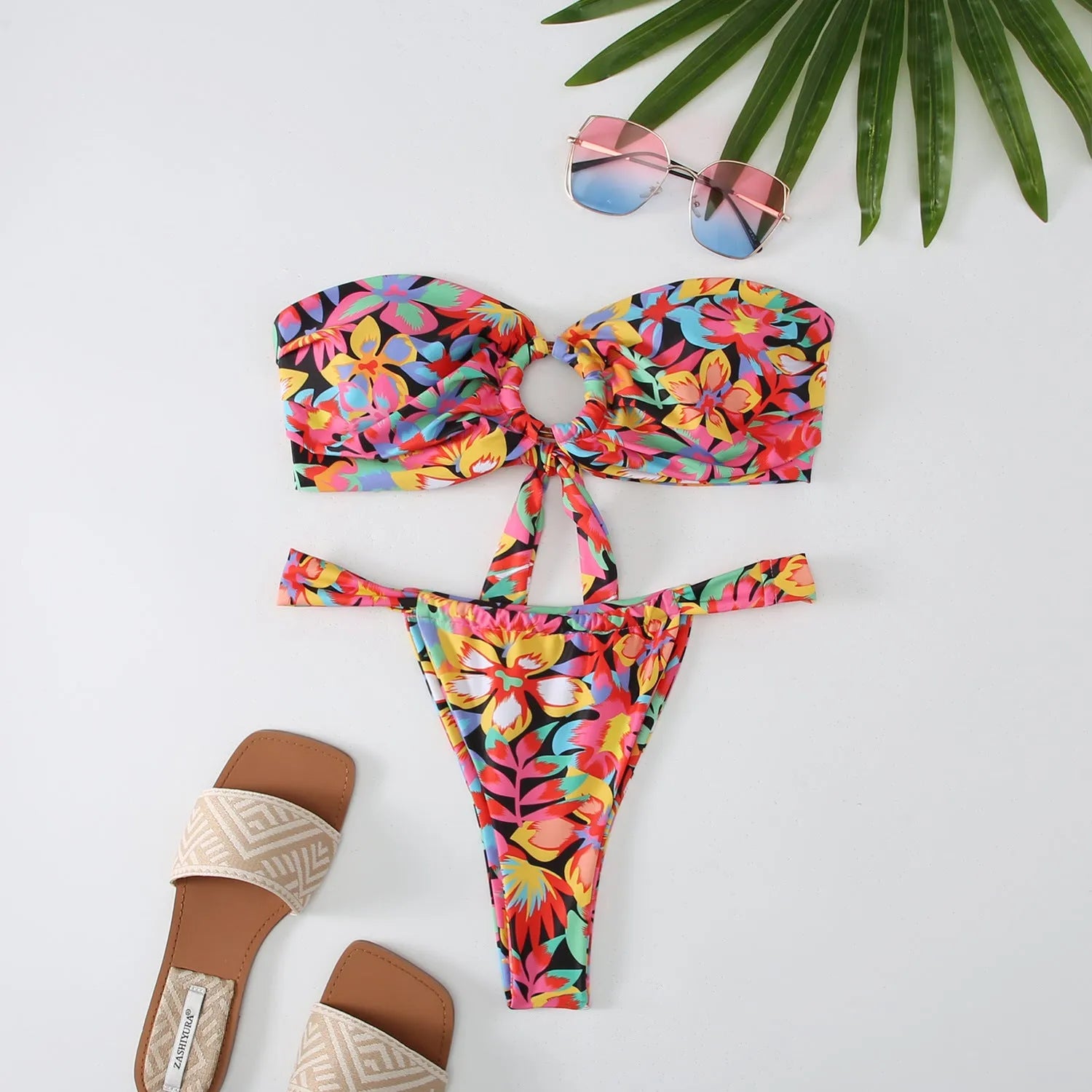 Women's floral printed tube top ring bikini set with backless design and high elasticity fabric