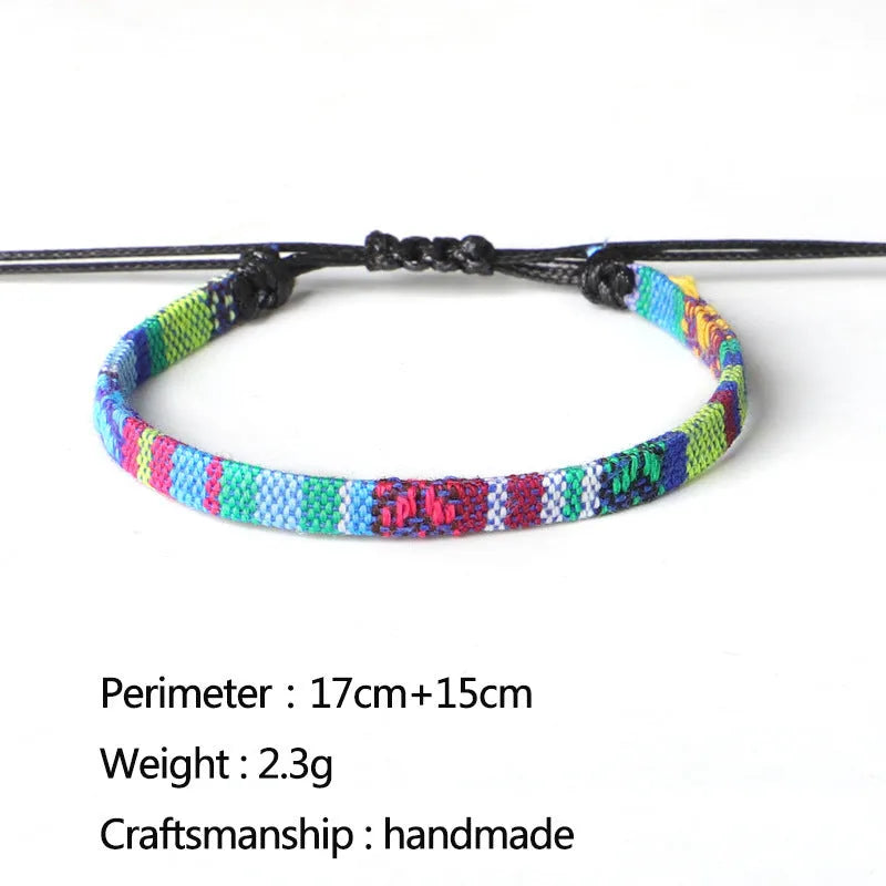 Hand woven rainbow colour cloth anklet with bohemian style on ankle