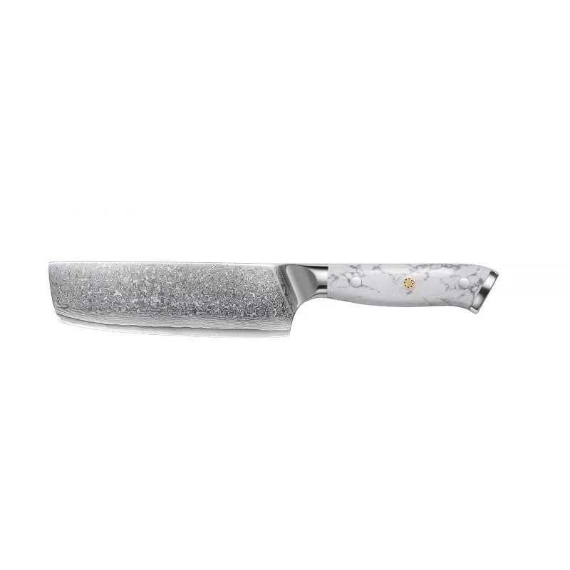Damascus pattern VG10 steel combined chef knife with 21cm blade on wooden surface