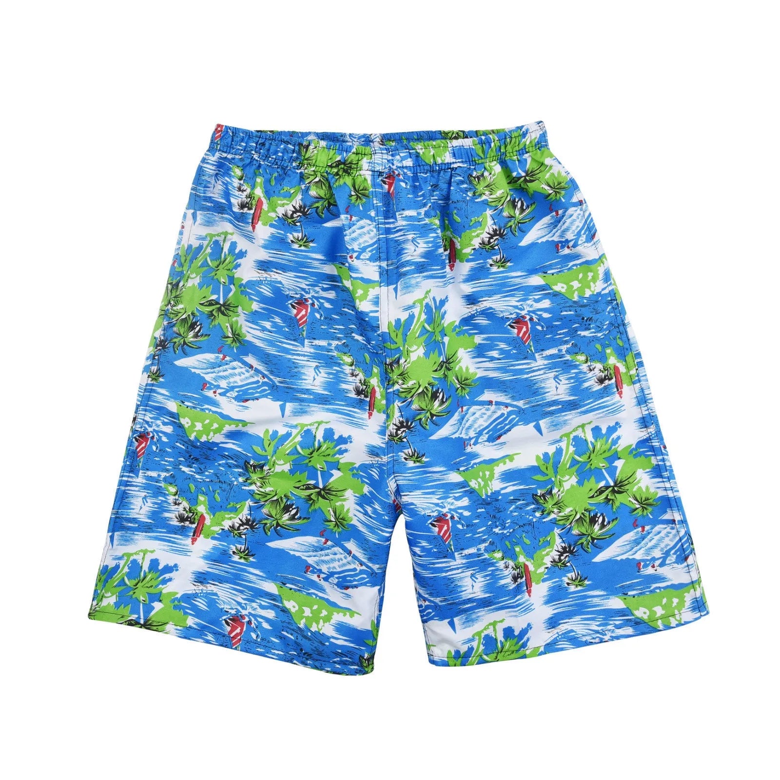 Men's casual floral print five-point swimming trunks made from polyester fabric.