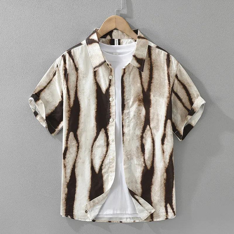Men's black and brown retro striped short sleeve shirt with loose cardigan fit