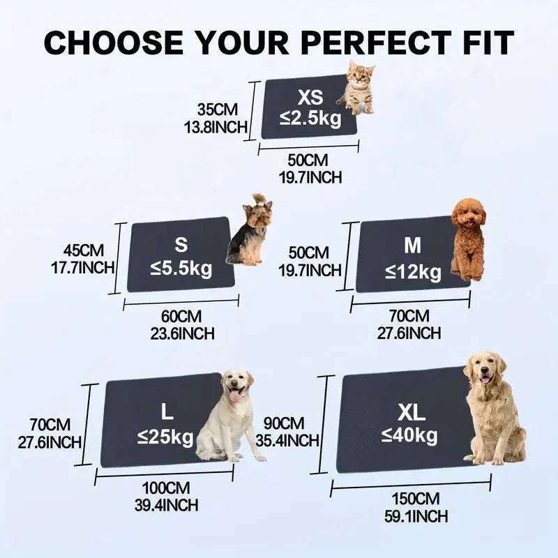 Pet Parents grey and khaki washable dog pee pads in multiple sizes on a wooden floor.