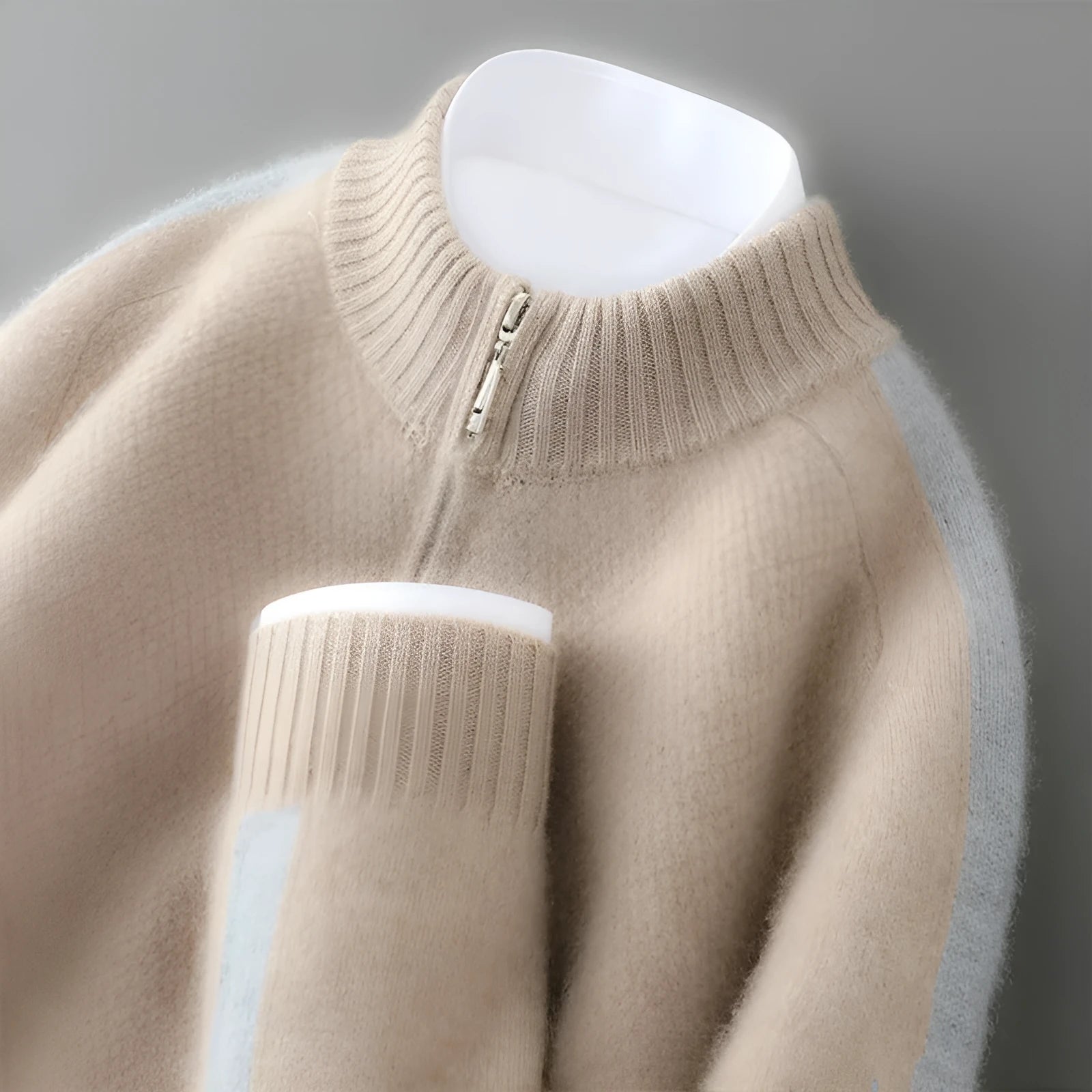 Sheep wool half-zip knitted sweater in slim fit design showing round neck and regular sleeves