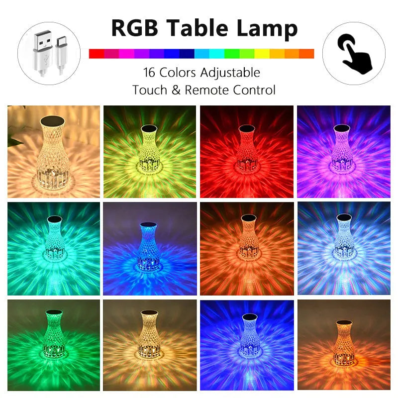 Clear plastic vase-shaped crystal bedside lamp with LED lights on a wooden table.