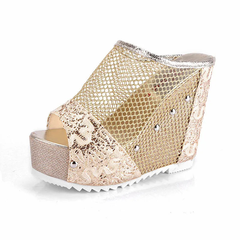 Korean chunky heel platform sandals with a hollowed-out heel and mesh upper in black.