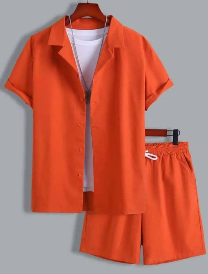 Men's white short sleeve Cuban collar sport shirt and matching shorts laid flat.