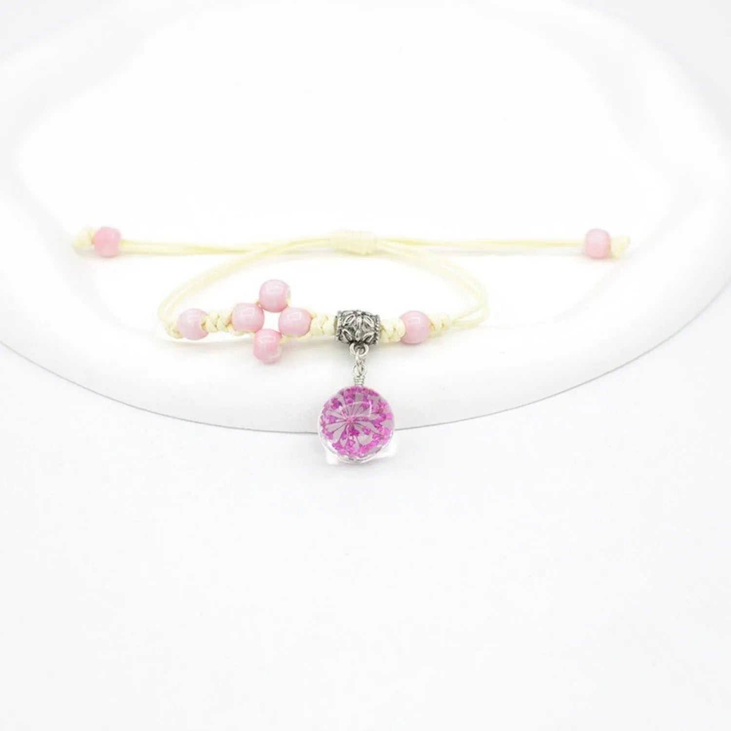 Hand-woven glass bracelet with real dried flowers inside large 1.4cm colored beads for women
