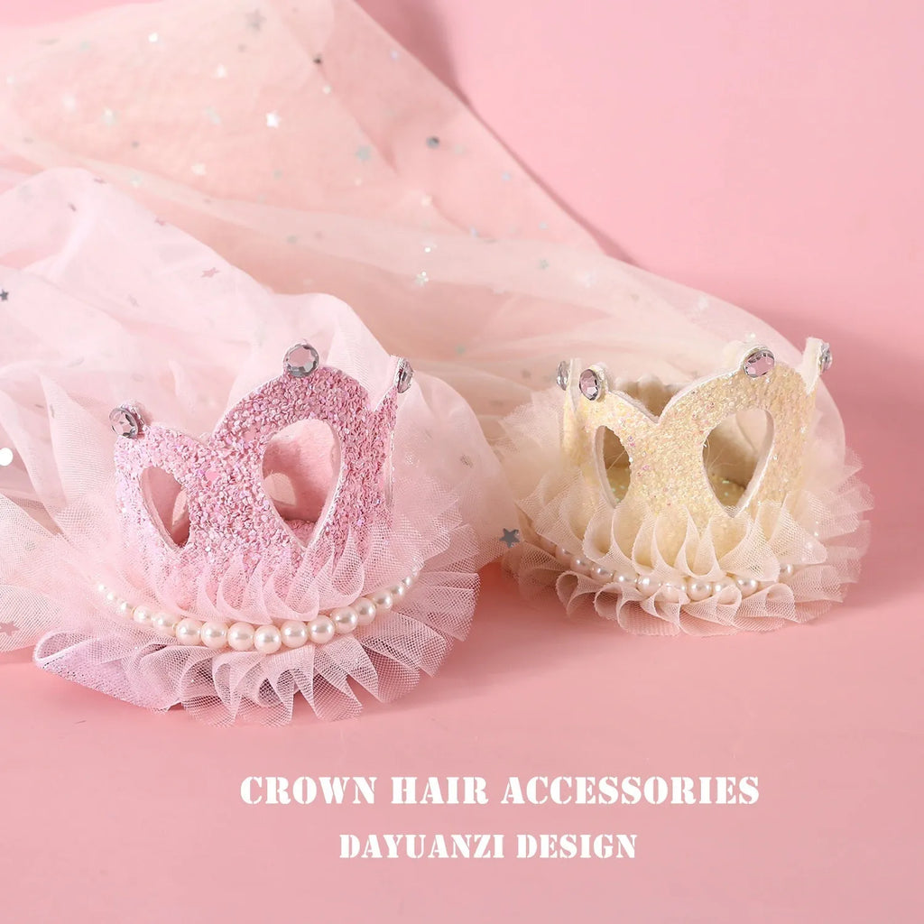 Princess crown headdress with veil for a cat, shown in beige and pink colour options.