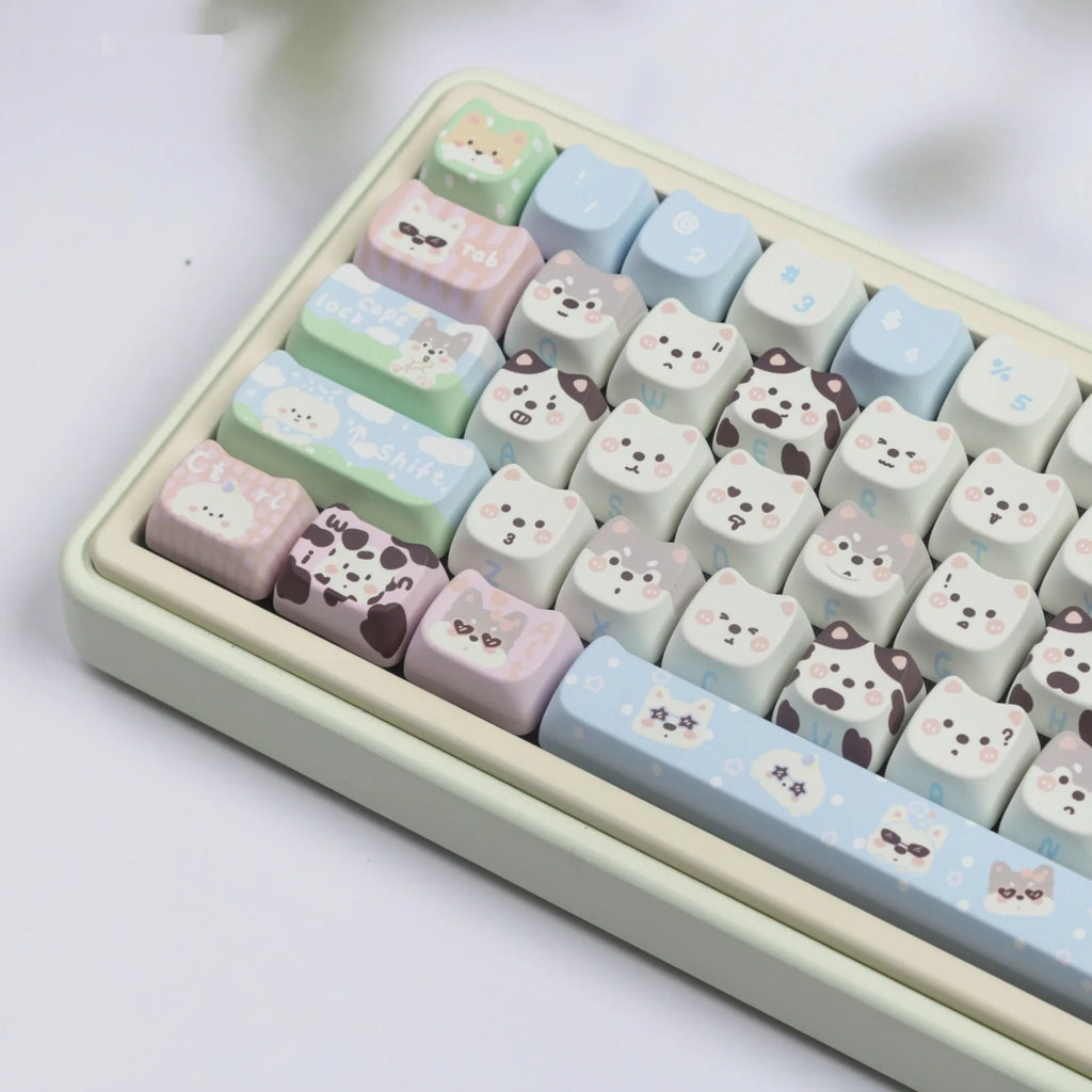 Full set of PBT keycaps for mechanical keyboard with colourful cat and puppy sublimation design.