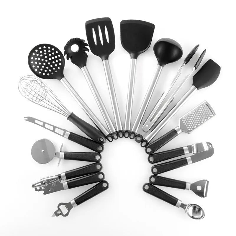 Black silicone spatula and spoon set with stainless steel handles, 16-piece kitchen utensil collection