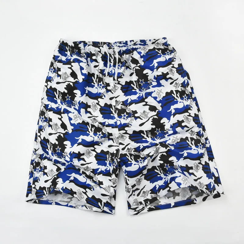 Men's casual floral print five-point swimming trunks made from polyester fabric.