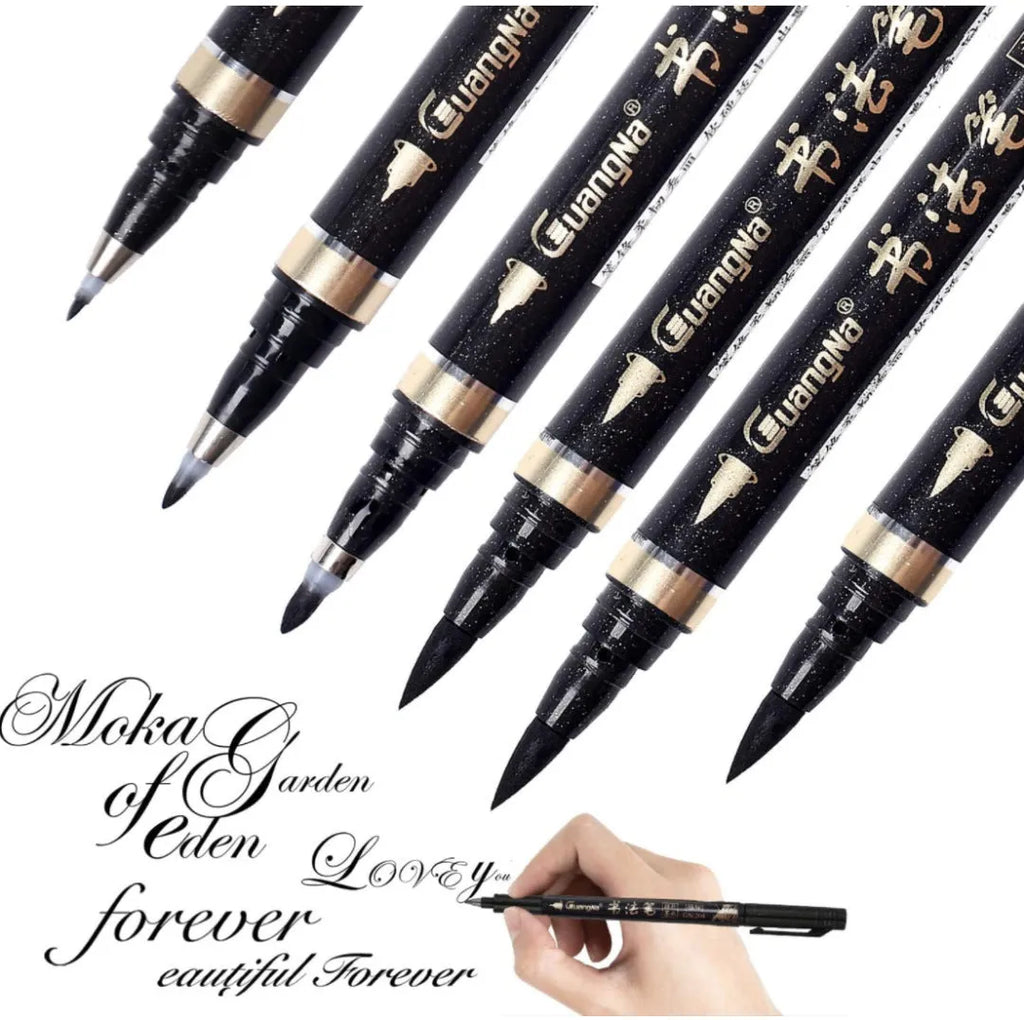Six soft brush calligraphy pens in various nib sizes, plastic barrels, re-inkable design