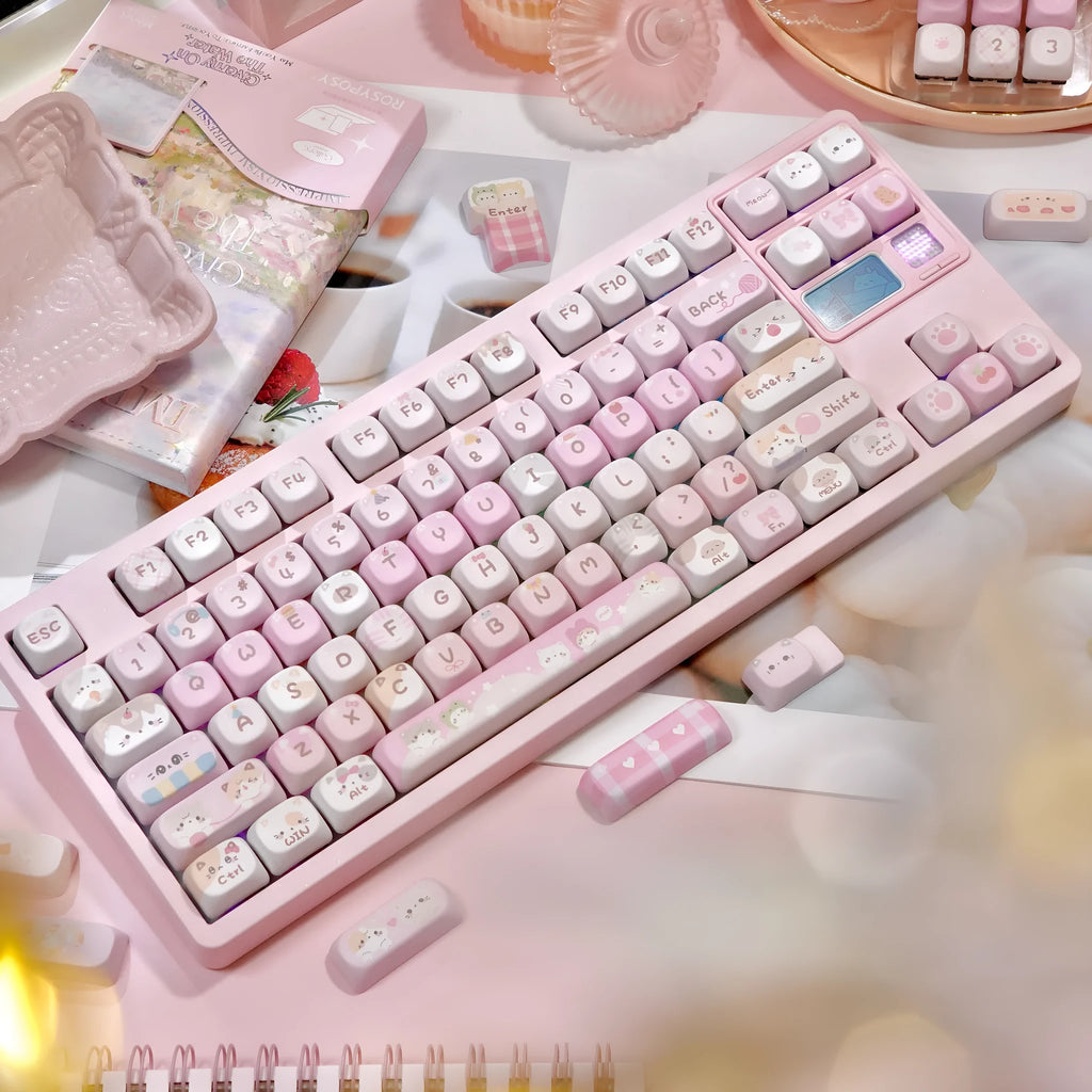 Set of pink cartoon design key caps for mechanical keyboards with MOA profile and five-sided sublimation print.