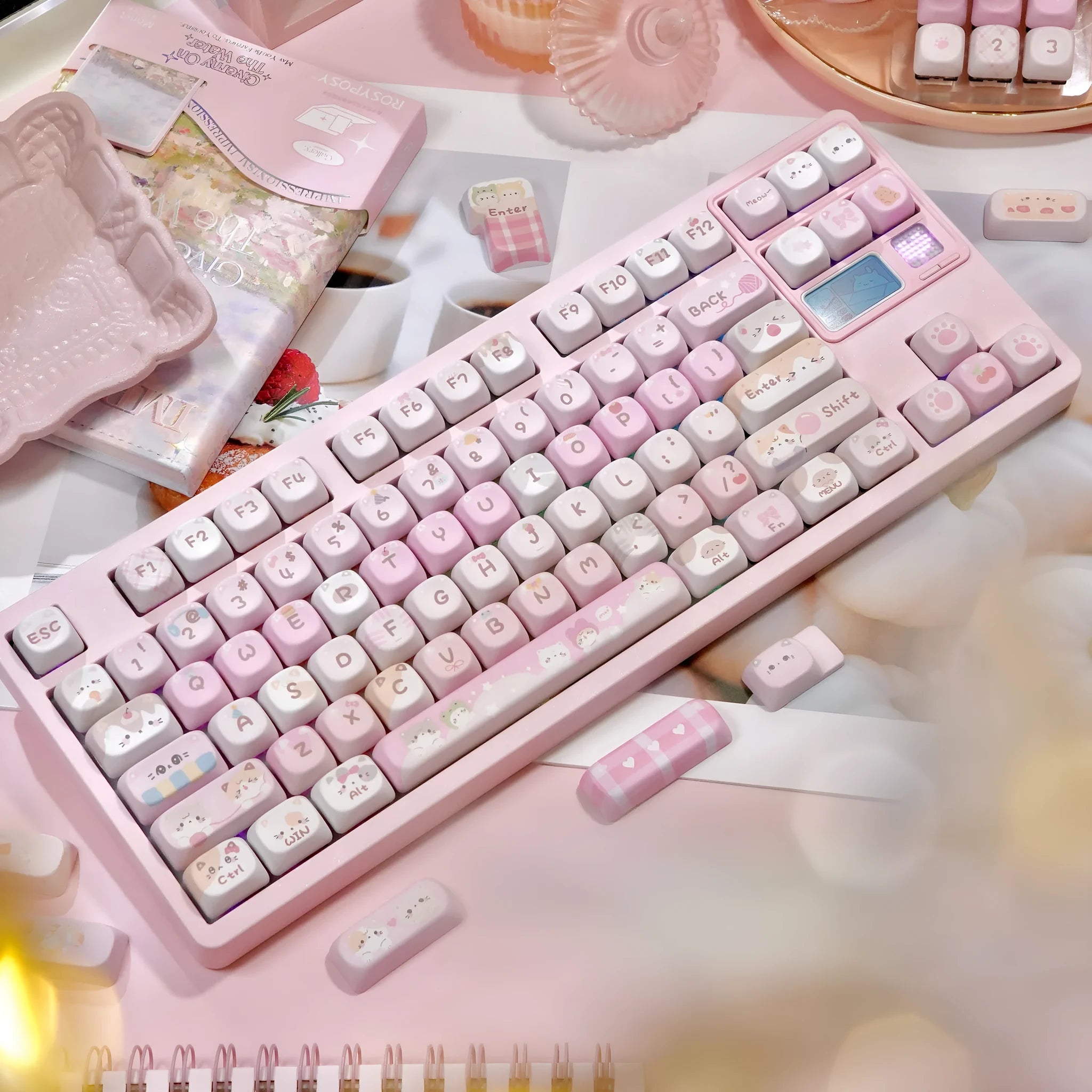 Set of pink cartoon design key caps for mechanical keyboards with MOA profile and five-sided sublimation print.