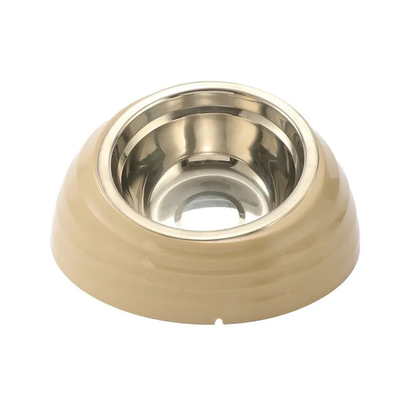 Stainless steel cat bowl on a plastic stand in light green, beige, or brown colour.