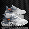 Men's white blue and black platform casual running shoes with cross shoulder straps and rubber sole.