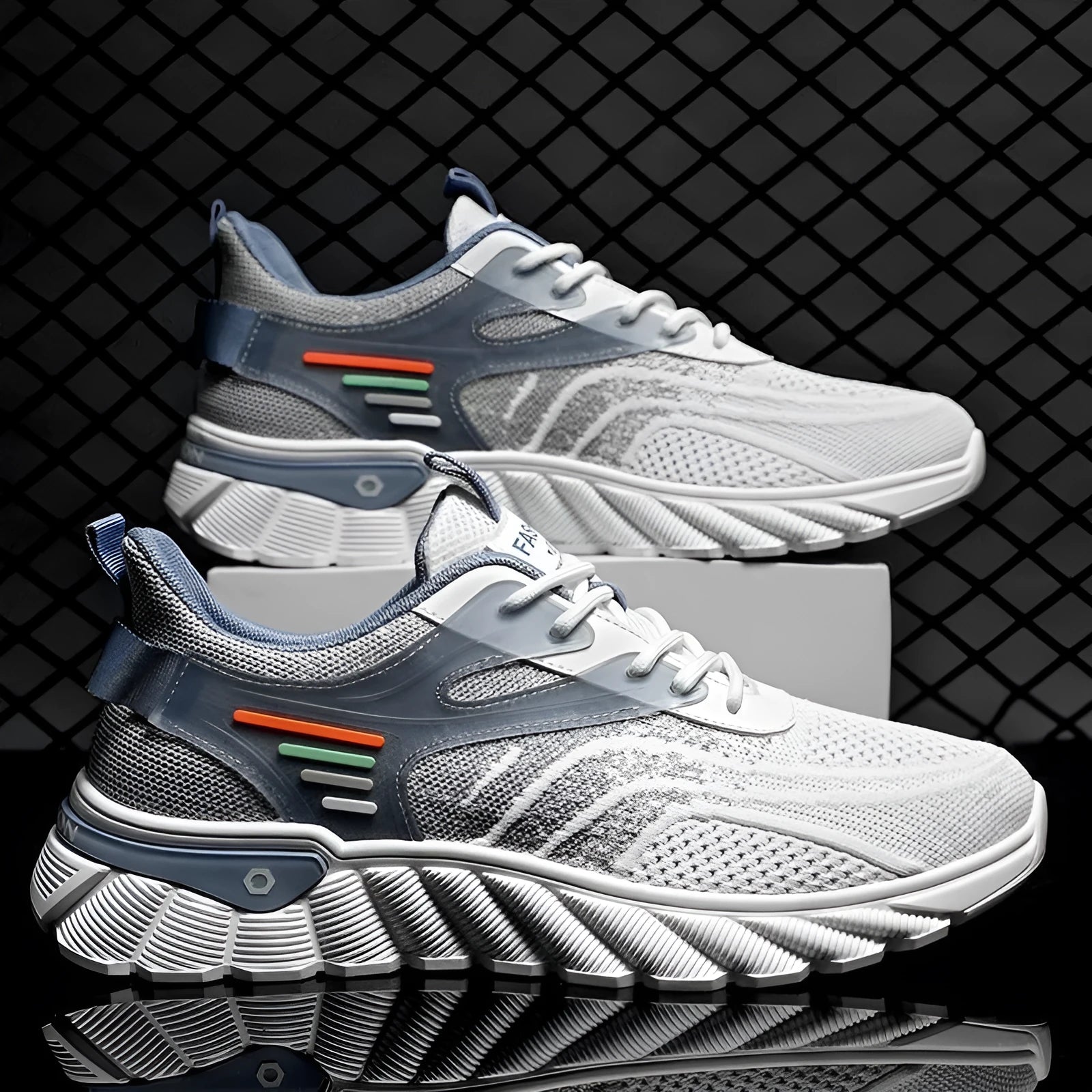 Men's white blue and black platform casual running shoes with cross shoulder straps and rubber sole.