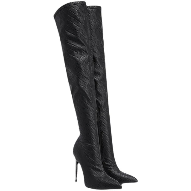 Black over-the-knee boots with 11cm stiletto heel, side zipper, and stretch shaft on display