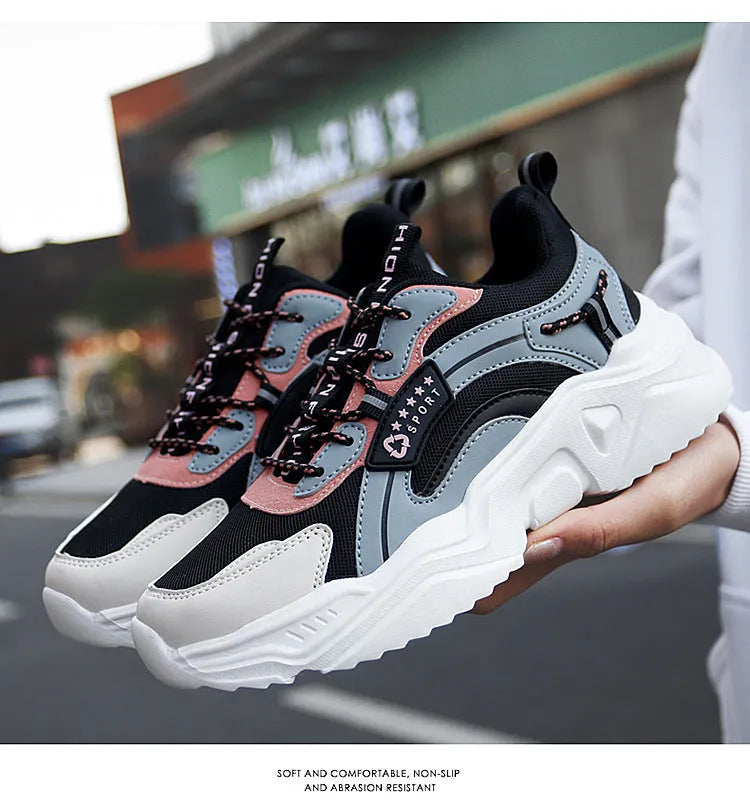 Women's casual mesh sports shoes with a thick PU sole and buckle detail