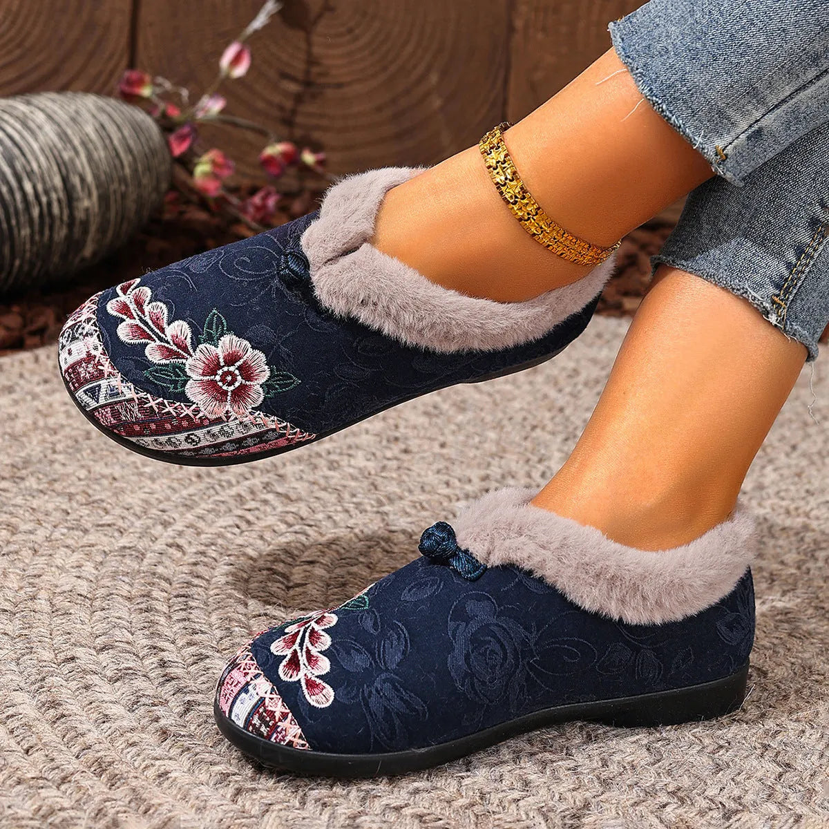 Flat bottom embroidery flowers cotton shoes for women, PVC sole, round toe, available in multiple colours