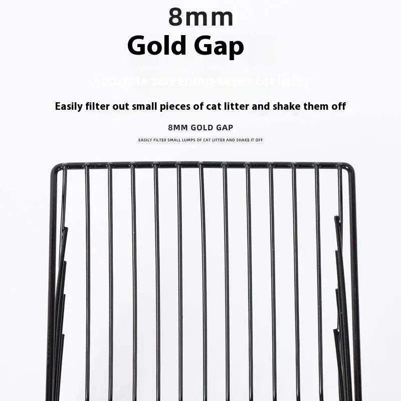 Black metal cat litter scoop with 0.8cm gap between tines for waste removal