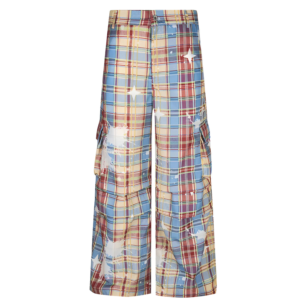 Man wearing blue and yellow plaid loose straight-leg casual overalls