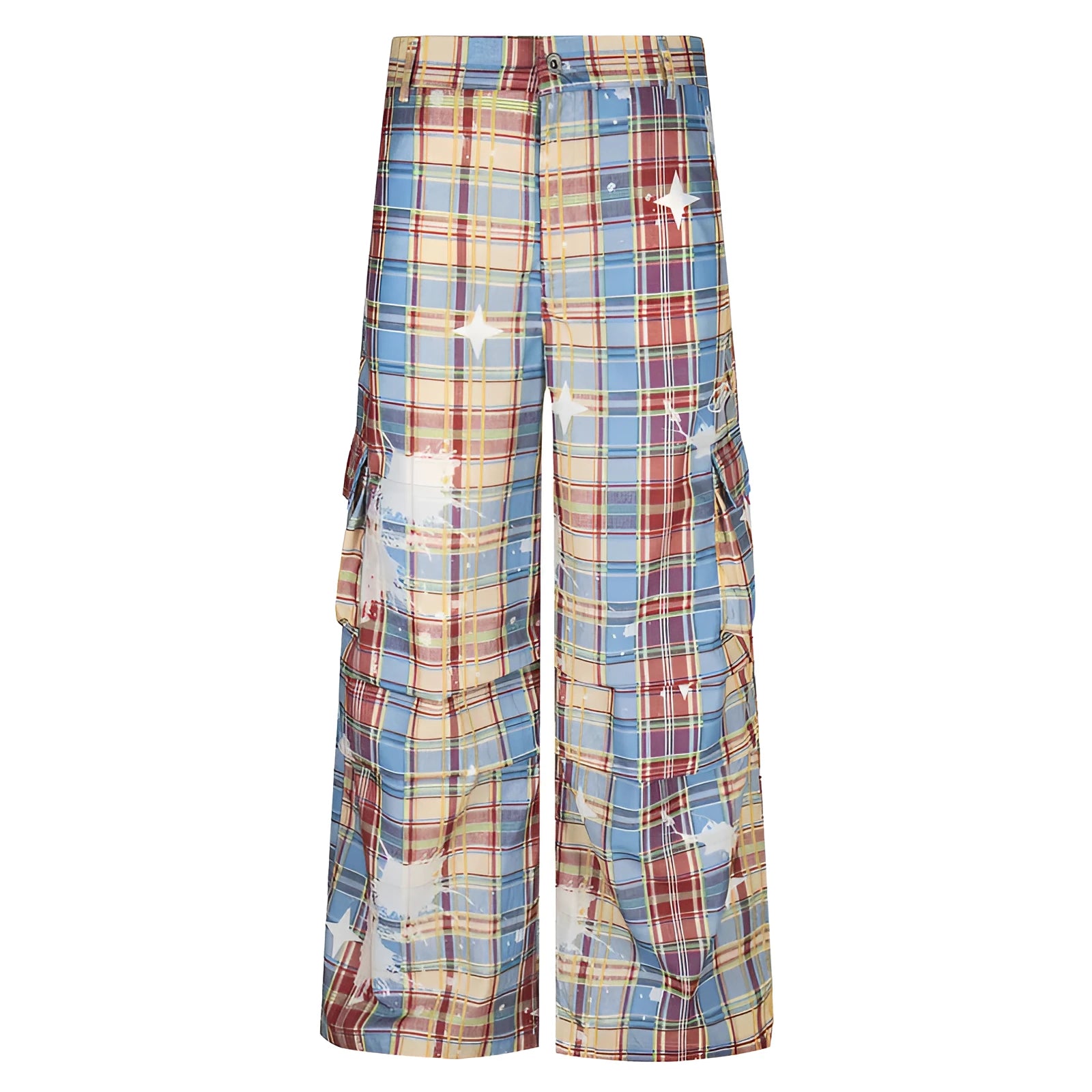 Man wearing blue and yellow plaid loose straight-leg casual overalls