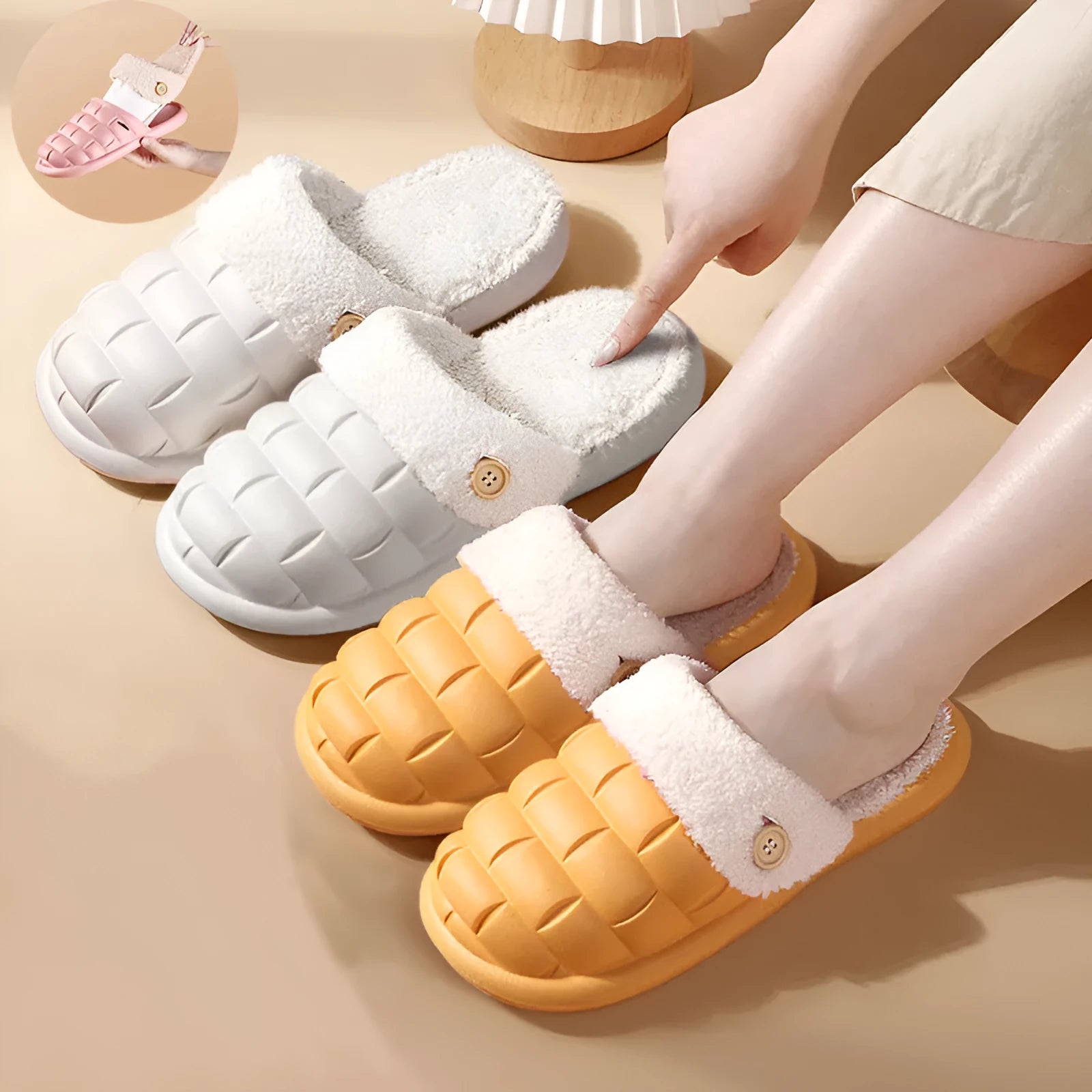 Plaid design women's detachable EVA house slippers with plush lining in various colours