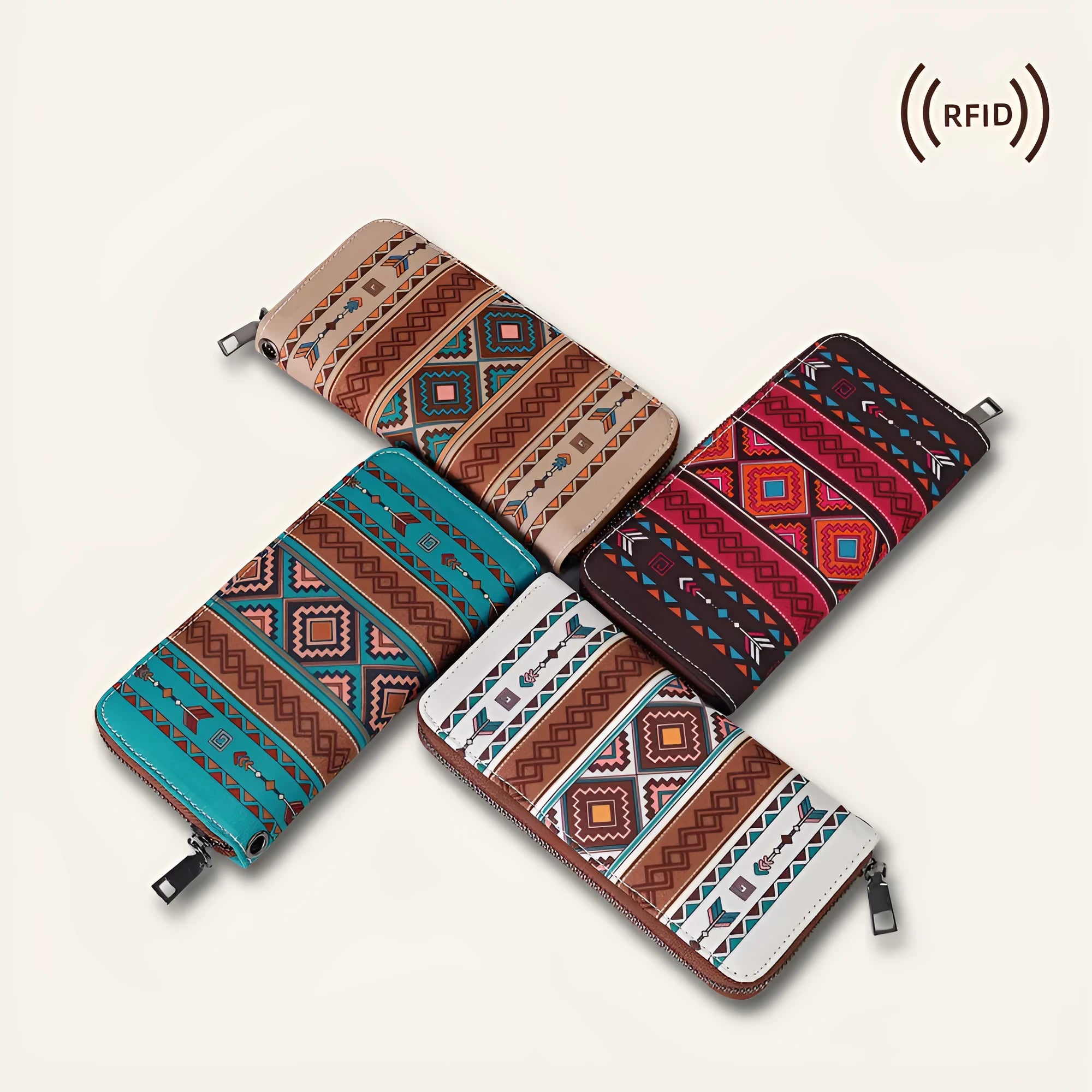 Bohemian striped canvas RFID wallet showing card slots and 20x10x2cm dimensions