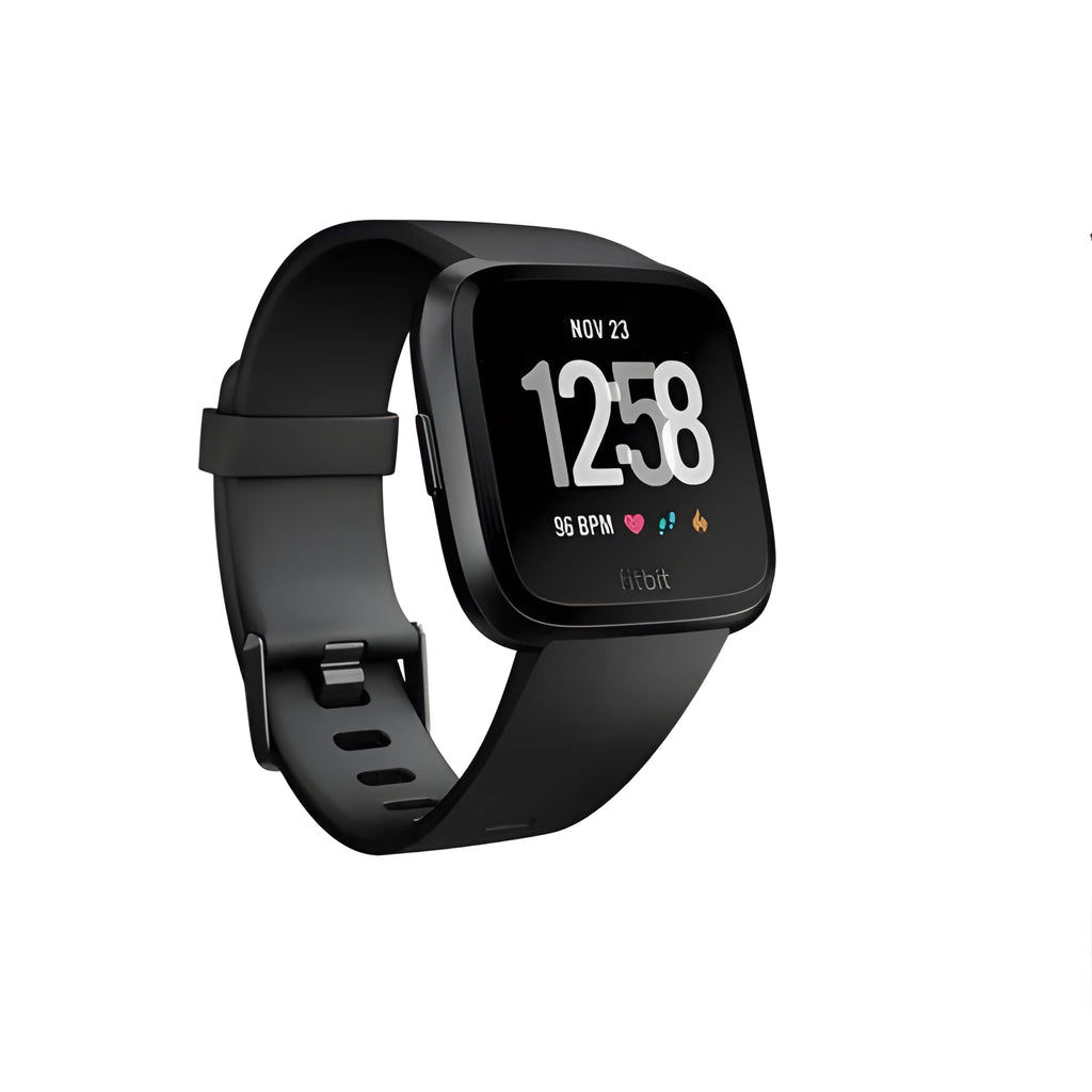 Black smart watch with heart rate monitor and sleep tracking on a silicone wristband, showing 1.4-inch screen.