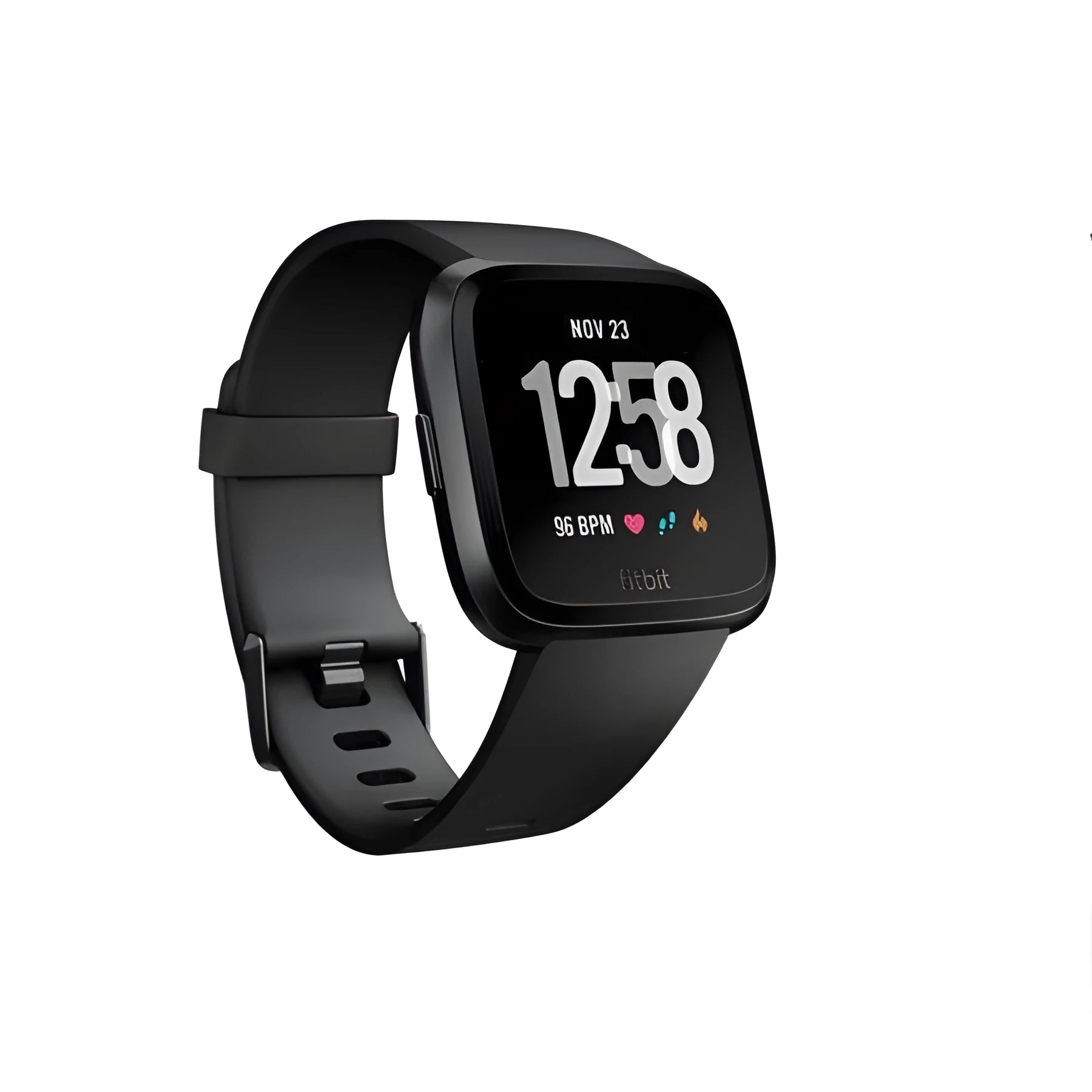 Black smart watch with heart rate monitor and sleep tracking on a silicone wristband, showing 1.4-inch screen.