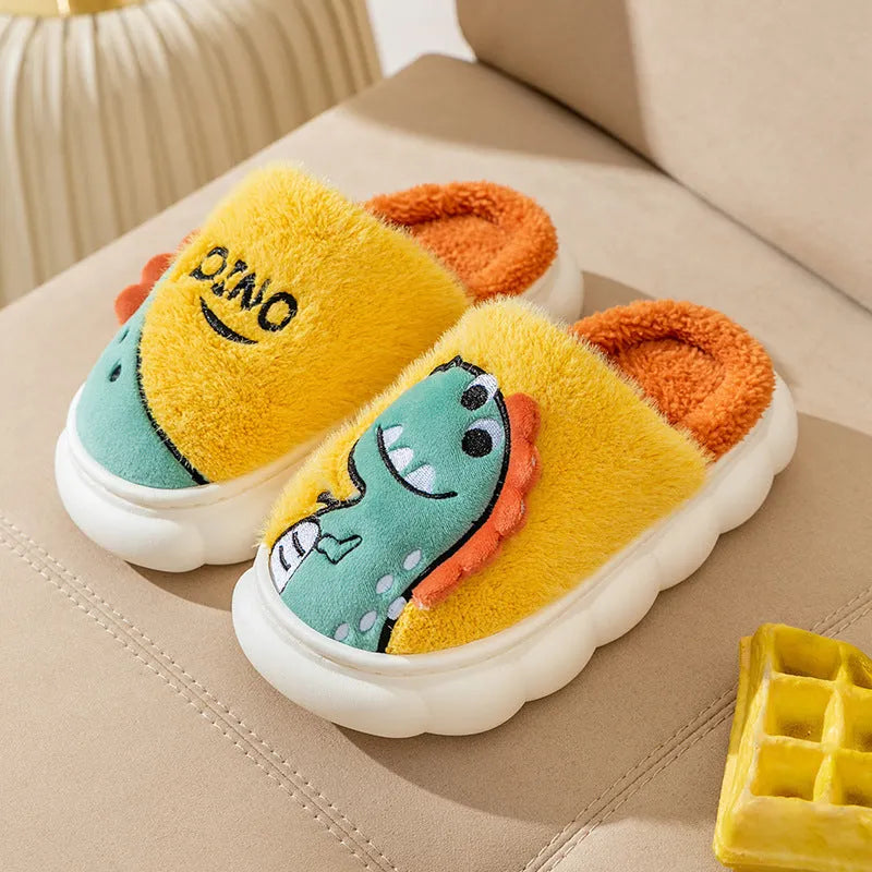 Cotton plush dinosaur couple slippers in three colour options with thickened sole for indoor winter wear