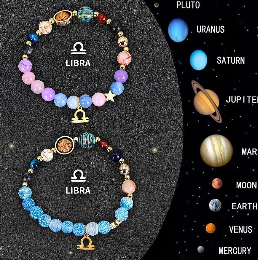 Set of twelve natural stone beaded bracelets with individual zodiac charms for each horoscope sign