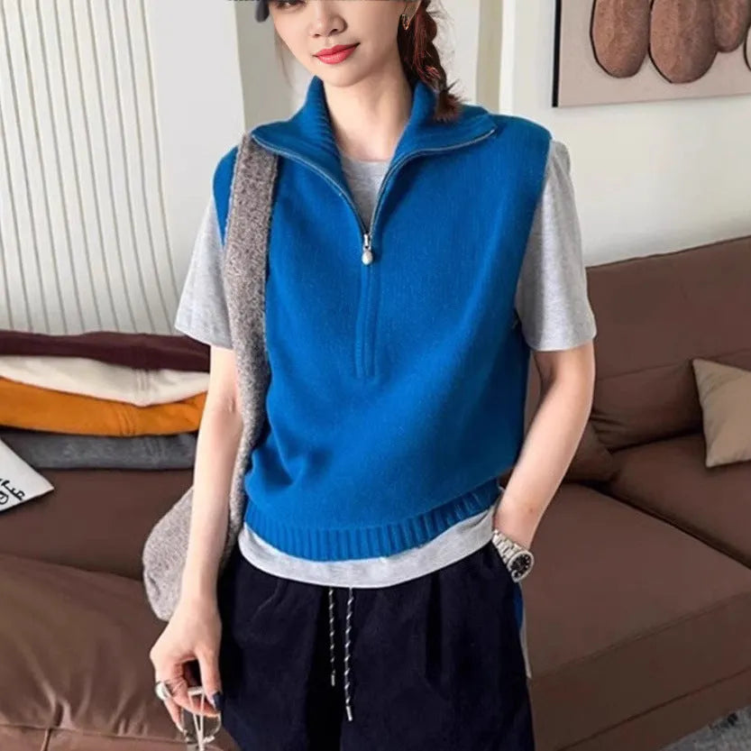 Retro half zipper sleeveless mesh vest in solid colour with 3D pattern detail