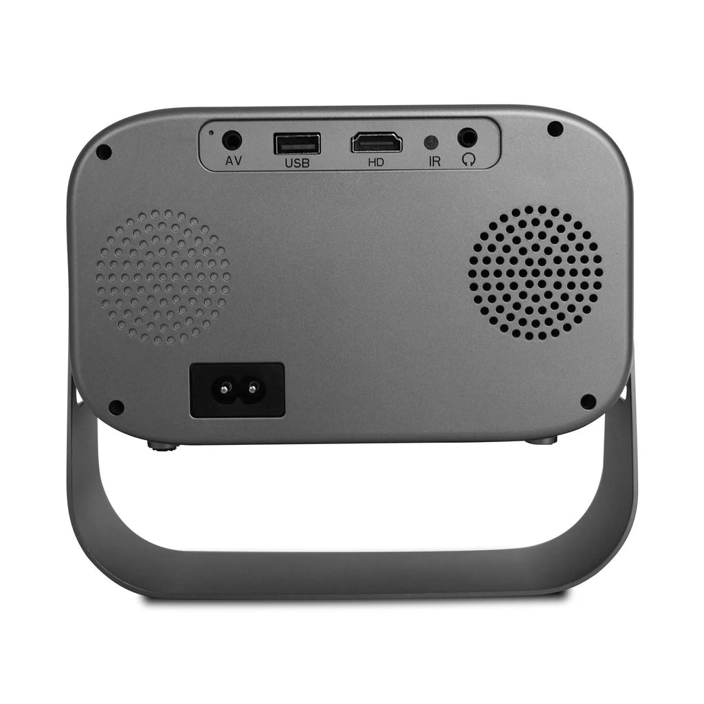 Black HD smart portable projector with remote control on white background