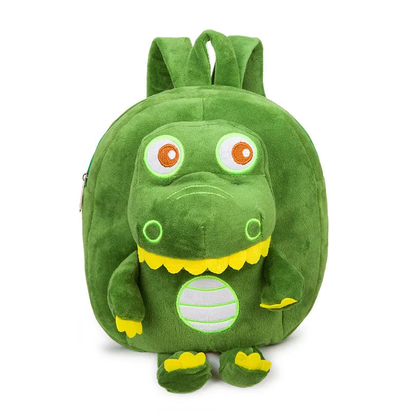 Colourful dinosaur plush backpack for children with soft handle and embroidery detail.