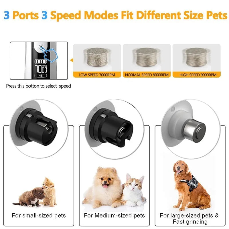 Electric dog nail trimming device with LED display showing speed settings and dust collection compartment