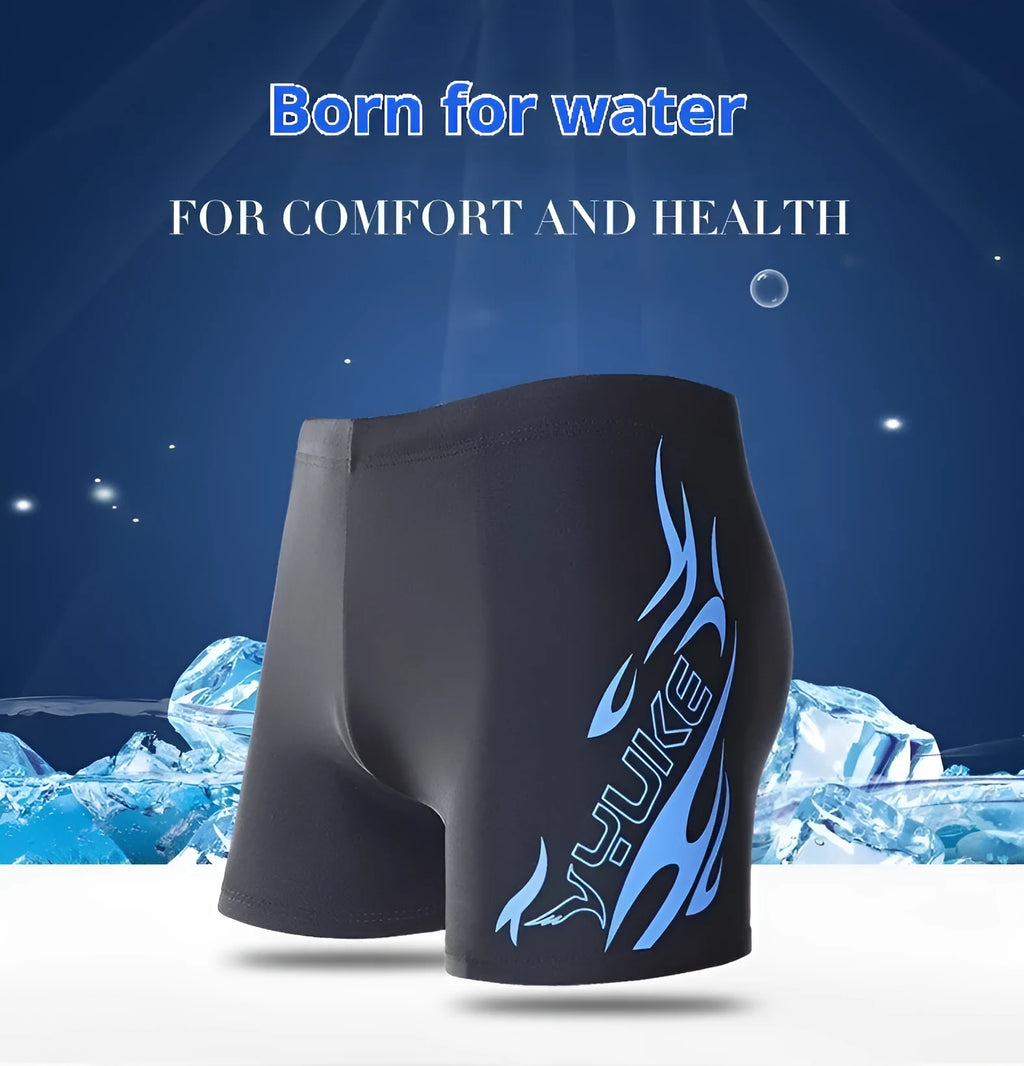 Men's plus-size black swimming trunks with blue flame pattern and matching swim cap